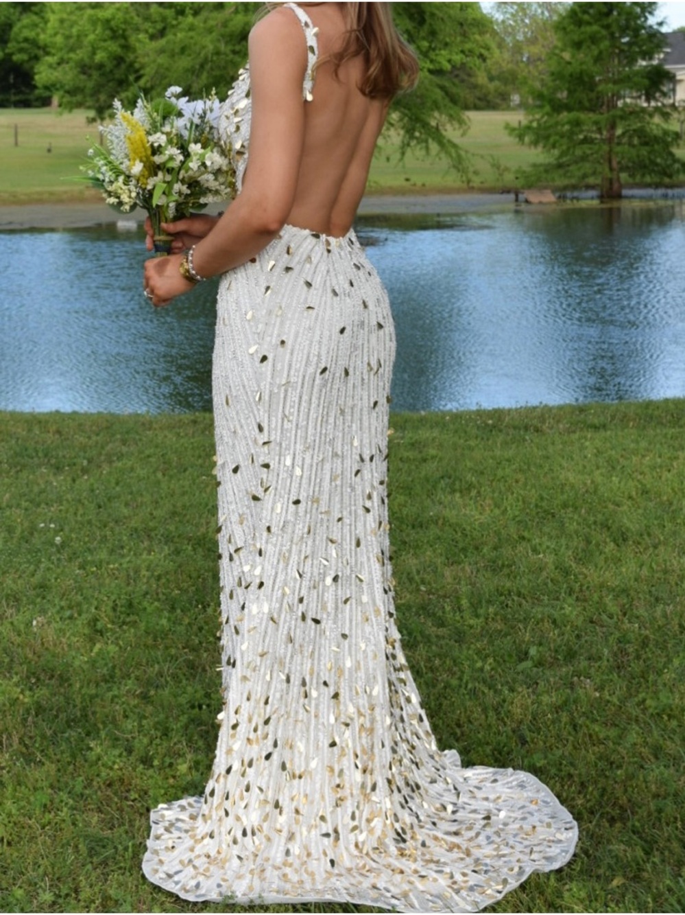 White & Gold Sequin Backless Evening Dress